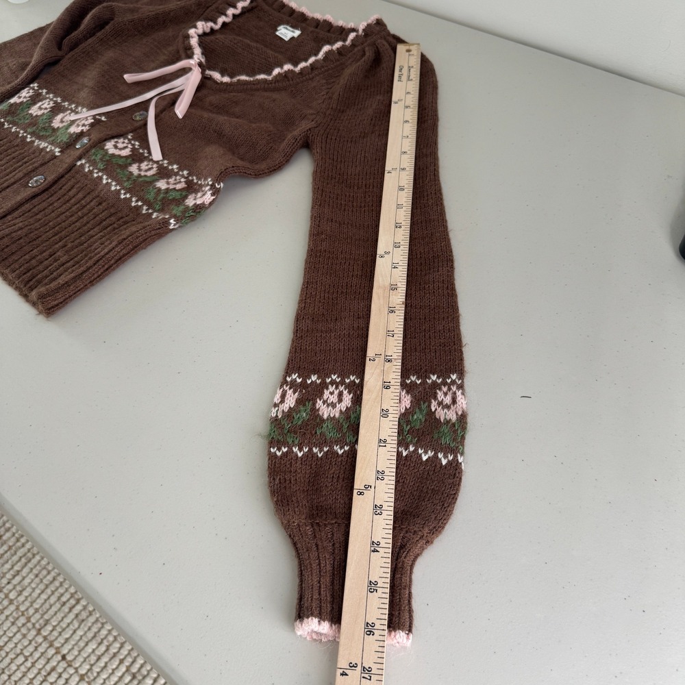 Kimchi Blue Floral Bow Cardigan S Brown Cotton Bld Coquette Balletcore Sweater - Picture 13 of 14